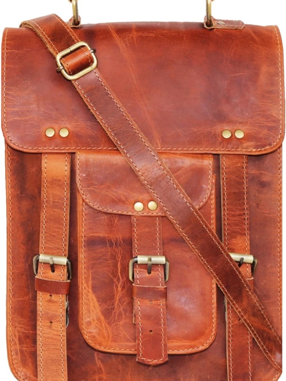 Genuine Leather Men’s Crossbody Satchel - Brown 15' inch